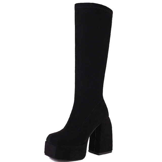 Round Toe Knee Highs Chunky Heels Side Zipper Platforms Super Sexy Suede Boots - Black - Shaft Material: Flock Suede
Insole Material: Faux Leather
Lining Material: Faux Leather
Outsole Material: Rubber in Sexy Boots