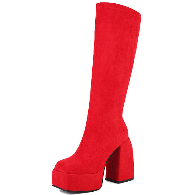 Round Toe Knee Highs Chunky Heels Side Zipper Platforms Super Sexy Suede Boots - Red - Shaft Material: Flock Suede
Insole Material: Faux Leather
Lining Material: Faux Leather
Outsole Material: Rubber in Sexy Boots