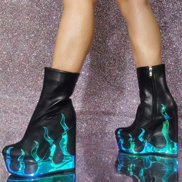 Round Toe Ankle High Side Zipper Wedges Platforms Punk Blue Flame Pumps - Black - NOTE: As Different Computers Display Colors Differently,The Color Of the Actual Item May Very Slightly From The Above Images.

Upper Material: Leather, Patent Leather
Insole Material: Faux Leather
Lining Material: Synthetic
Outsole Material: Rubber

5 - 35 (22.5 cm)
6 - 36 (23 cm)
6.5 - 37 (23.5 cm)
7.5 - 38 (24 cm)
8.5 - 39 (24.5 cm)
9 - 40 (25 cm)
9.5 - 41 (25.5 cm)
10 - 42 (26 cm)
10.5 - 43 (26.5 cm)
12 - 44 (27 cm)
13 - 45 (27.5 cm)  in Sexy Boots