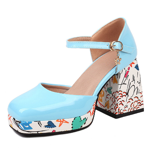 Round Toe Ankle Buckle Straps Chunky Heels Platforms Dorsay Flower Graffiti Pumps - Blue - Shaft Material: Patent
Insole Material: Faux Leather
Lining Material: Synthetic
Outsole Material: Rubber in Sexy Heels & Platforms