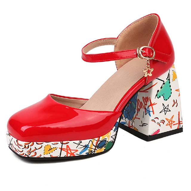 Round Toe Ankle Buckle Straps Chunky Heels Platforms Dorsay Flower Graffiti Pumps - Red - Shaft Material: Patent
Insole Material: Faux Leather
Lining Material: Synthetic
Outsole Material: Rubber in Sexy Heels & Platforms