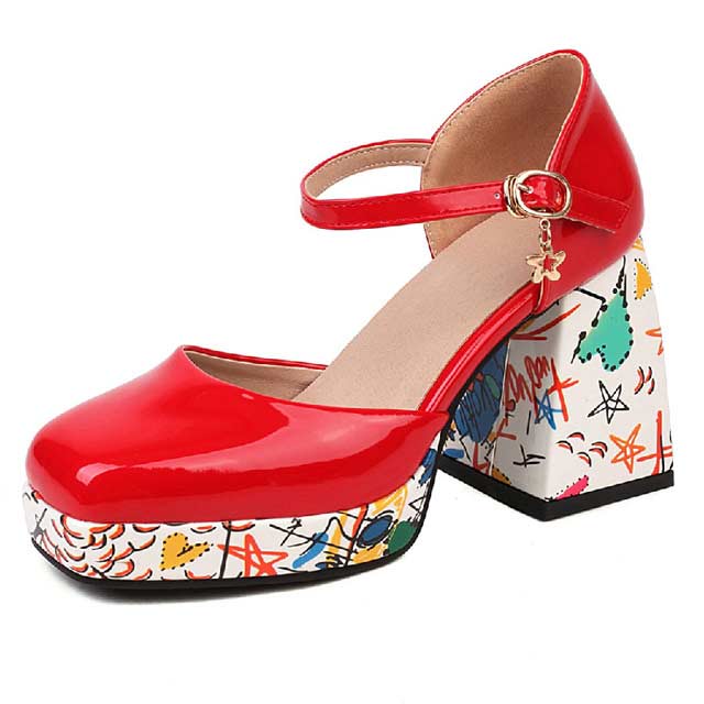 Round Toe Ankle Buckle Straps Chunky Heels Platforms Dorsay Flower Graffiti Pumps - Red - Shaft Material: Patent
Insole Material: Faux Leather
Lining Material: Synthetic
Outsole Material: Rubber in Sexy Heels & Platforms