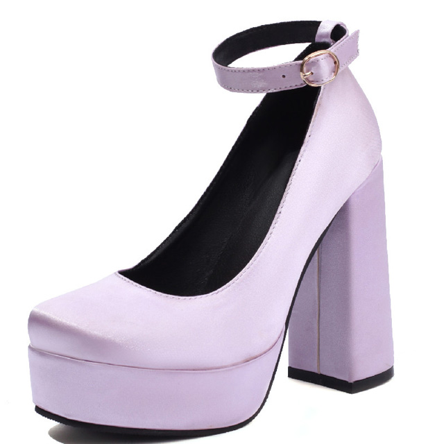 Round Toe Ankle Buckle Straps Chunky Heels Platforms Pumps - Light Purple - Shaft Material: Silk Fabric
Insole Material: Faux Leather
Lining Material: Synthetic
Outsole Material: Rubber in Sexy Heels & Platforms