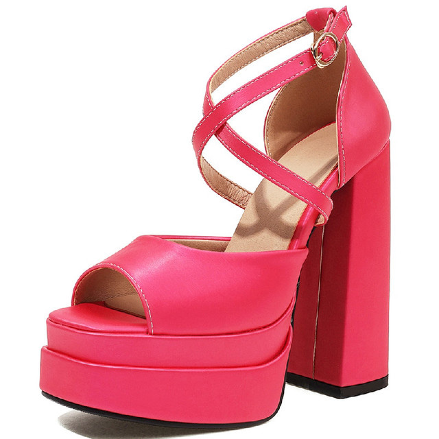 Peep Toe Platforms Cross Straps Pastel Chunky Heels Pumps Sandals - RoseRed - Shaft Material: Faux Leather
Insole Material: Faux Leather
Lining Material: Faux Leather
Outsole Material: Rubber in Sexy Heels & Platforms