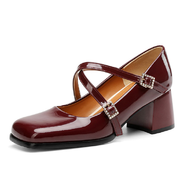 Square Toe Low Chunky Heels Rhinestones Cross Straps Pumps - Wine Red - Shaft Material: Patent
Insole Material: Faux Leather
Lining Material: Faux Leather
Outsole Material: Rubber in Sexy Heels & Platforms