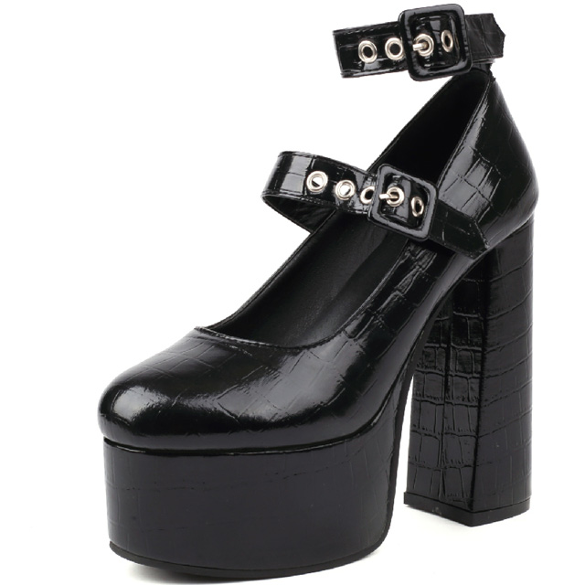Round Toe Platforms Ankle Straps Croco Embbossed Chunky Heels Mary Janes Pumps - Black - Shaft Material: Faux Leather
Insole Material: Faux Leather
Lining Material: Faux Leather
Outsole Material: Rubber in Sexy Heels & Platforms