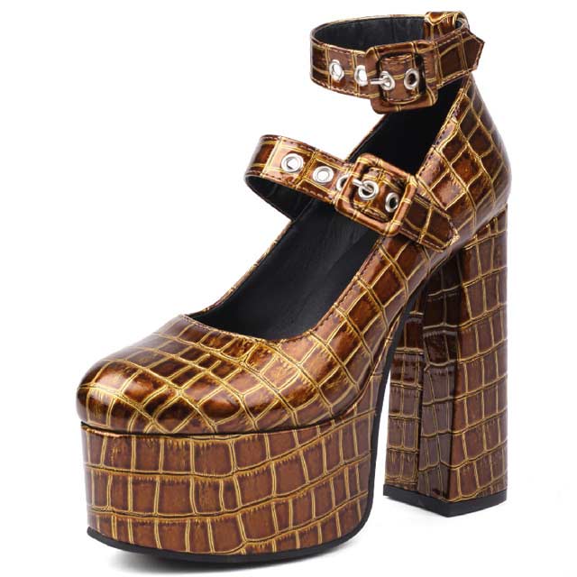 Round Toe Platforms Ankle Straps Croco Embbossed Chunky Heels Mary Janes Pumps - Brown - Shaft Material: Faux Leather
Insole Material: Faux Leather
Lining Material: Faux Leather
Outsole Material: Rubber in Sexy Heels & Platforms