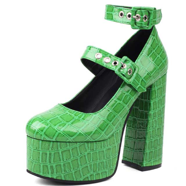 Round Toe Platforms Ankle Straps Croco Embbossed Chunky Heels Mary Janes Pumps - Green - Shaft Material: Faux Leather
Insole Material: Faux Leather
Lining Material: Faux Leather
Outsole Material: Rubber in Sexy Heels & Platforms
