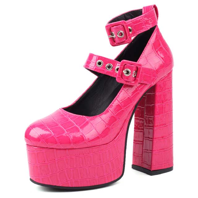 Round Toe Platforms Ankle Straps Croco Embbossed Chunky Heels Mary Janes Pumps - Rose Red - Shaft Material: Faux Leather
Insole Material: Faux Leather
Lining Material: Faux Leather
Outsole Material: Rubber in Sexy Heels & Platforms