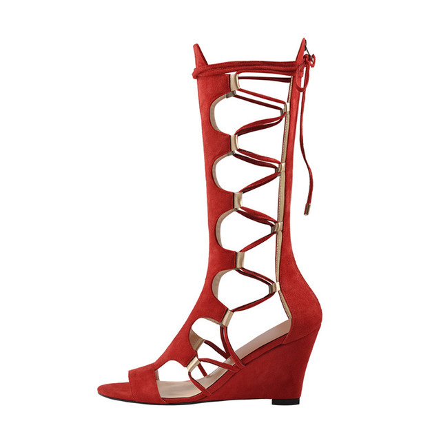 Peep Toe Gladiators Lace Up Wedges Sandals with Back Zipper - Red - Upper Material: Suede Flock
Insole Material: Faux Leather
Lining Material: Synthenic
Outsole Material: Rubber in Sexy Heels & Platforms