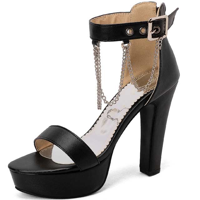Peep Toe Chain Decorated Ankle Buckle Straps Platforms Cuban Heels Sandals Pumps - Black - Shaft Material: Faux Leather, Chain
Insole Material: Faux Leather
Lining Material: Faux Leather
Outsole Material: Rubber in Sexy Heels & Platforms