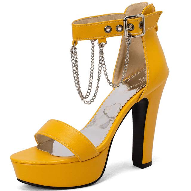 Peep Toe Chain Decorated Ankle Buckle Straps Platforms Cuban Heels Sandals Pumps - Yellow - Shaft Material: Faux Leather, Chain
Insole Material: Faux Leather
Lining Material: Faux Leather
Outsole Material: Rubber in Sexy Heels & Platforms