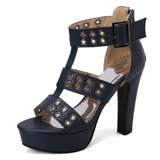Peep Toe Ankle Buckle Straps Platforms Cuban Heels Gladiator Sandals Pumps - Blue - Shaft Material: Faux Leather, Rivets
Insole Material: Faux Leather
Lining Material: Faux Leather
Outsole Material: Rubber in Sexy Heels & Platforms
