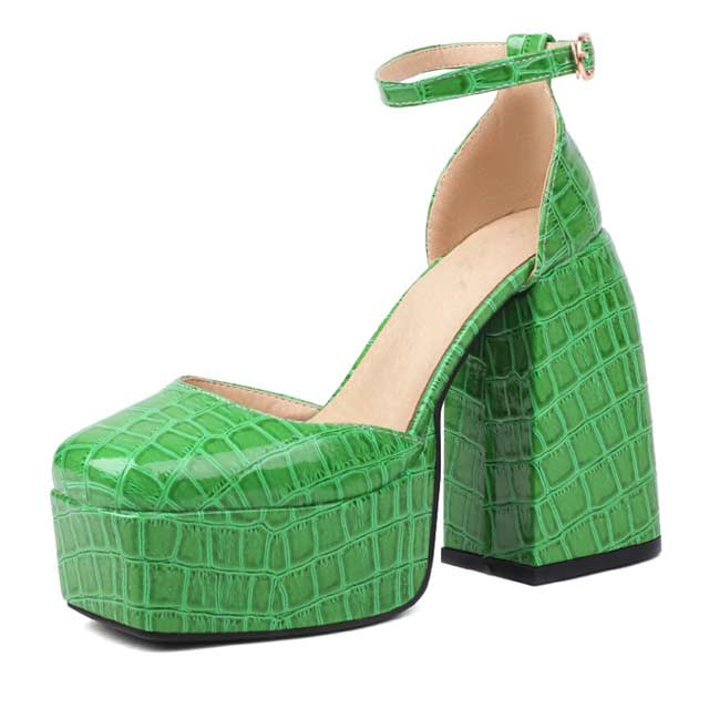 Square Toe Platforms Ankle Straps Croco Embbossed Chunky Heels Dorsay Pumps - Green - Shaft Material: Faux Leather
Insole Material: Faux Leather
Lining Material: Faux Leather
Outsole Material: Rubber in Sexy Heels & Platforms