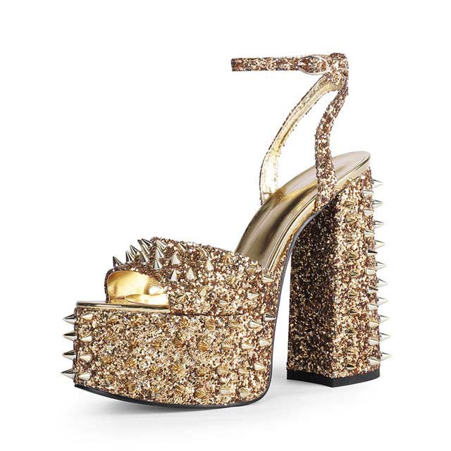 Peep Toe Chunky Heels Ankle Straps Rivet Decorated Bling Platforms Pumps - Gold - Upper Material: Faux Leather, Bling, Rivets
Insole Material: Faux Leather
Lining Material: Synthenic
Outsole Material: Rubber in Sexy Heels & Platforms