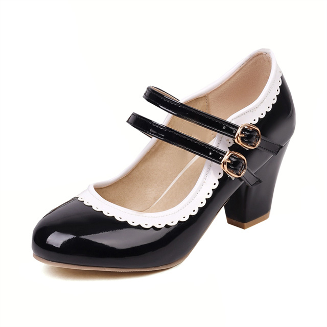 Round Toe Chunky Heels Lolita Vintage Mary Janes Double Straps Platforms Pumps - Black - Shaft Material: Patent Leather
Insole Material: Faux Leather
Lining Material: Synthetic
Outsole Material: Rubber in Sexy Heels & Platforms