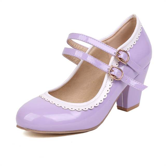 Round Toe Chunky Heels Lolita Vintage Mary Janes Double Straps Platforms Pumps - Lavender - Shaft Material: Patent Leather
Insole Material: Faux Leather
Lining Material: Synthetic
Outsole Material: Rubber in Sexy Heels & Platforms