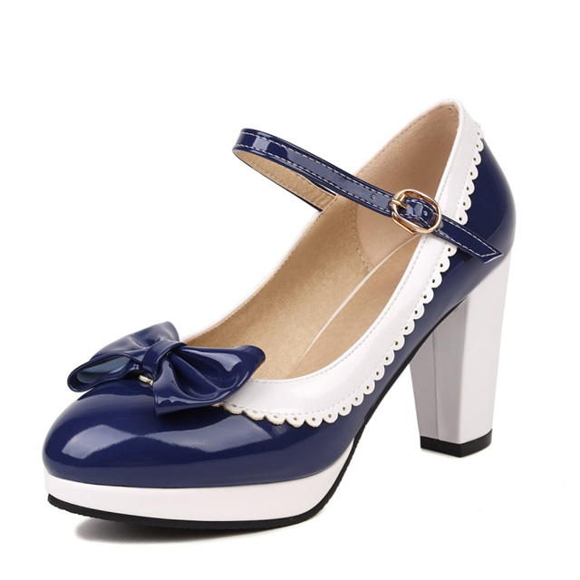 Round Toe Cute Bow-tied Chunky Heels Lolita Vintage Mary Janes Platforms Pumps - Dark Blue - Shaft Material: Patent Leather
Insole Material: Faux Leather
Lining Material: Synthetic
Outsole Material: Rubber in Sexy Heels & Platforms