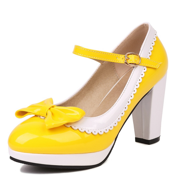 Round Toe Cute Bow-tied Chunky Heels Lolita Vintage Mary Janes Platforms Pumps - Yellow - Shaft Material: Patent Leather
Insole Material: Faux Leather
Lining Material: Synthetic
Outsole Material: Rubber in Sexy Heels & Platforms