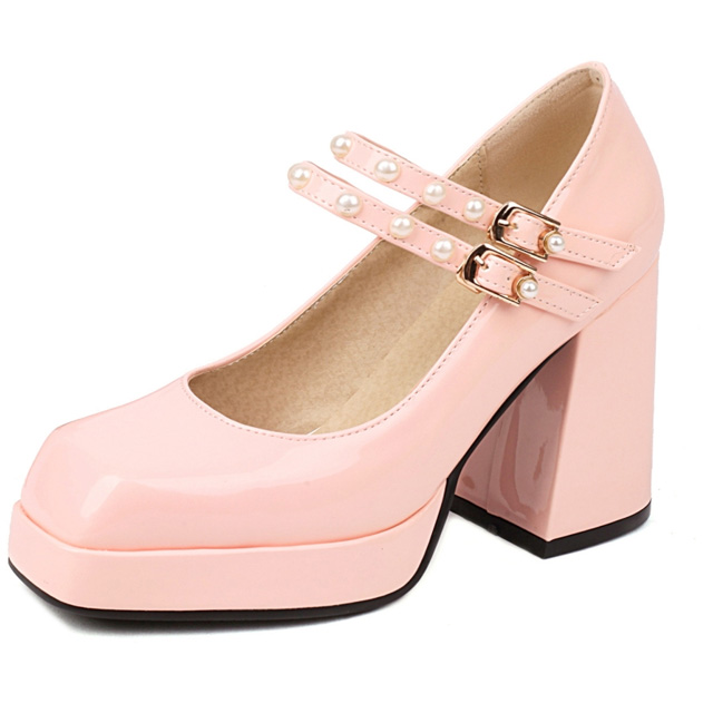 Square Toe Mary Janes Beads Chunky Heels Platforms Pumps - Pink - Shaft Material: Patent
Insole Material: Faux Leather
Lining Material: Synthetic
Outsole Material: Rubber in Sexy Heels & Platforms