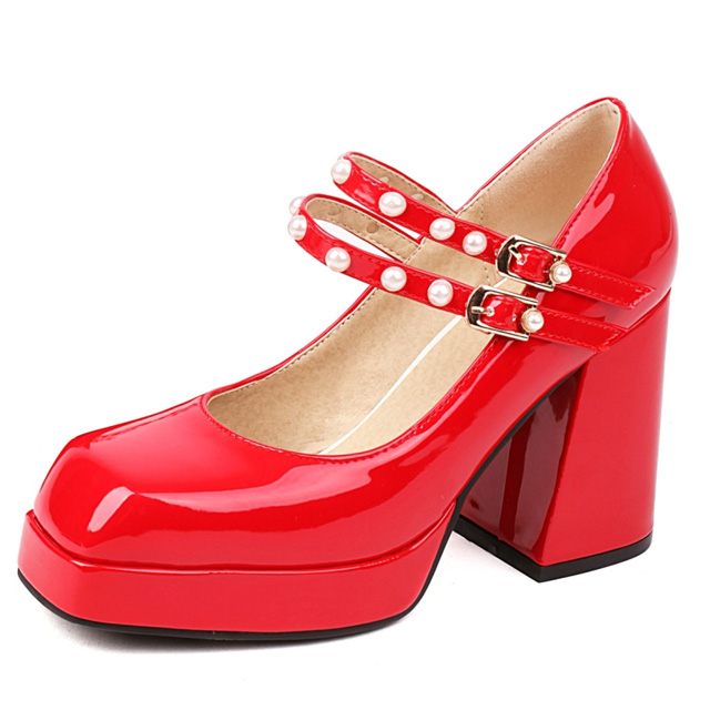 Square Toe Mary Janes Beads Chunky Heels Platforms Pumps - Red - Shaft Material: Patent
Insole Material: Faux Leather
Lining Material: Synthetic
Outsole Material: Rubber in Sexy Heels & Platforms