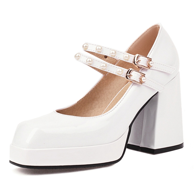 Square Toe Mary Janes Beads Chunky Heels Platforms Pumps - White - Shaft Material: Patent
Insole Material: Faux Leather
Lining Material: Synthetic
Outsole Material: Rubber in Sexy Heels & Platforms