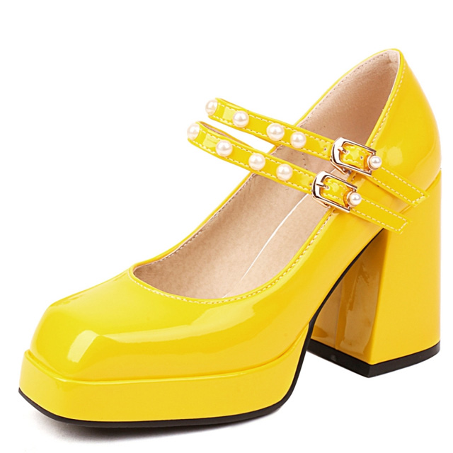 Square Toe Mary Janes Beads Chunky Heels Platforms Pumps - Yellow - Shaft Material: Patent
Insole Material: Faux Leather
Lining Material: Synthetic
Outsole Material: Rubber in Sexy Heels & Platforms