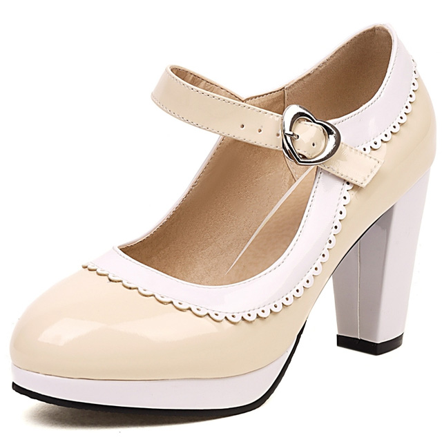 Round Toe Chunky Heels Lolita Vintage Mary Janes Heart Straps Platforms Pumps - Beige - Shaft Material: Patent Leather
Insole Material: Faux Leather
Lining Material: Synthetic
Outsole Material: Rubber in Sexy Heels & Platforms
