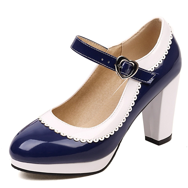 Round Toe Chunky Heels Lolita Vintage Mary Janes Heart Straps Platforms Pumps - Blue - Shaft Material: Patent Leather
Insole Material: Faux Leather
Lining Material: Synthetic
Outsole Material: Rubber in Sexy Heels & Platforms