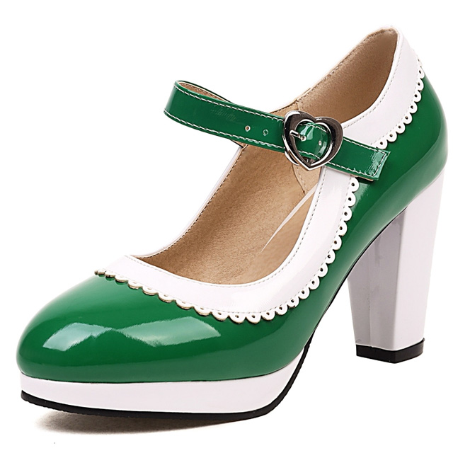 Round Toe Chunky Heels Lolita Vintage Mary Janes Heart Straps Platforms Pumps - Green - Shaft Material: Patent Leather
Insole Material: Faux Leather
Lining Material: Synthetic
Outsole Material: Rubber in Sexy Heels & Platforms