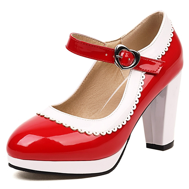 Round Toe Chunky Heels Lolita Vintage Mary Janes Heart Straps Platforms Pumps - Red - Shaft Material: Patent Leather
Insole Material: Faux Leather
Lining Material: Synthetic
Outsole Material: Rubber in Sexy Heels & Platforms