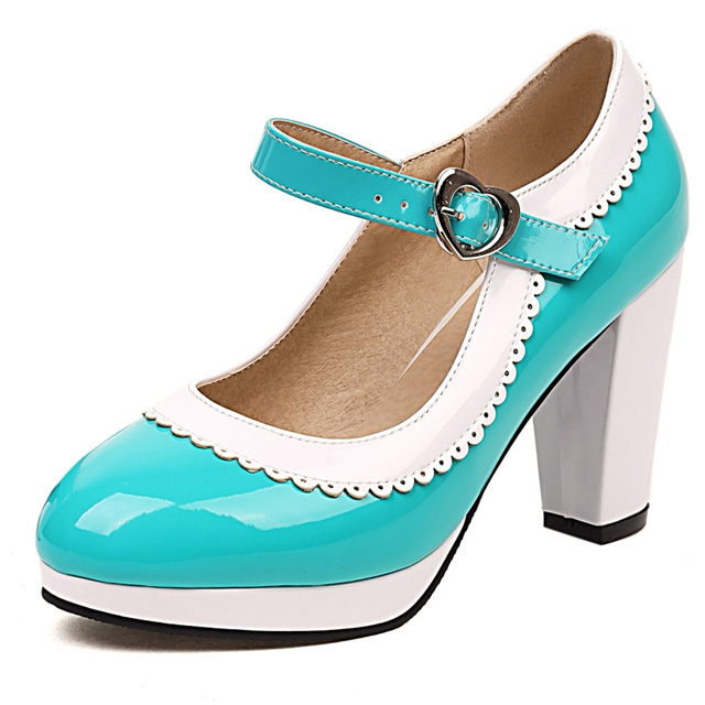 Round Toe Chunky Heels Lolita Vintage Mary Janes Heart Straps Platforms Pumps - Sky Blue - Shaft Material: Patent Leather
Insole Material: Faux Leather
Lining Material: Synthetic
Outsole Material: Rubber in Sexy Heels & Platforms