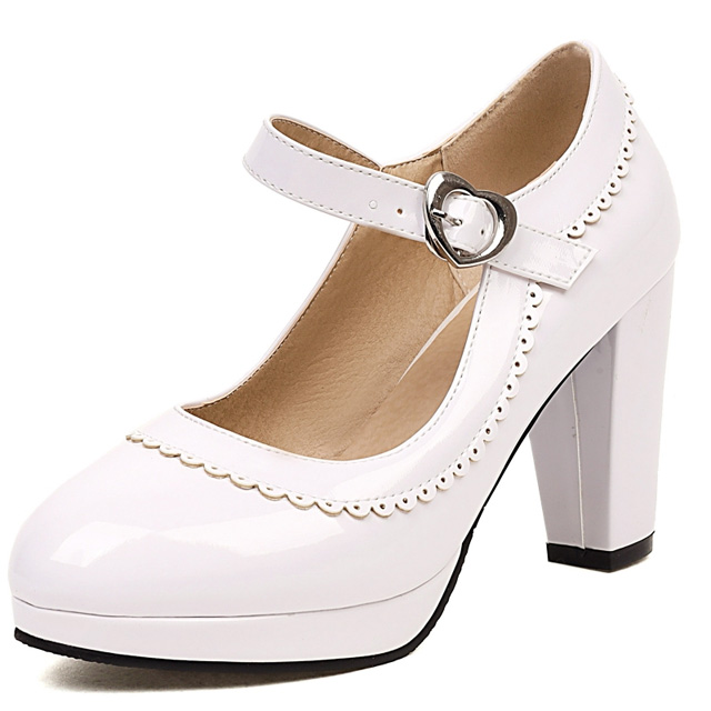 Round Toe Chunky Heels Lolita Vintage Mary Janes Heart Straps Platforms Pumps - White - Shaft Material: Patent Leather
Insole Material: Faux Leather
Lining Material: Synthetic
Outsole Material: Rubber in Sexy Heels & Platforms