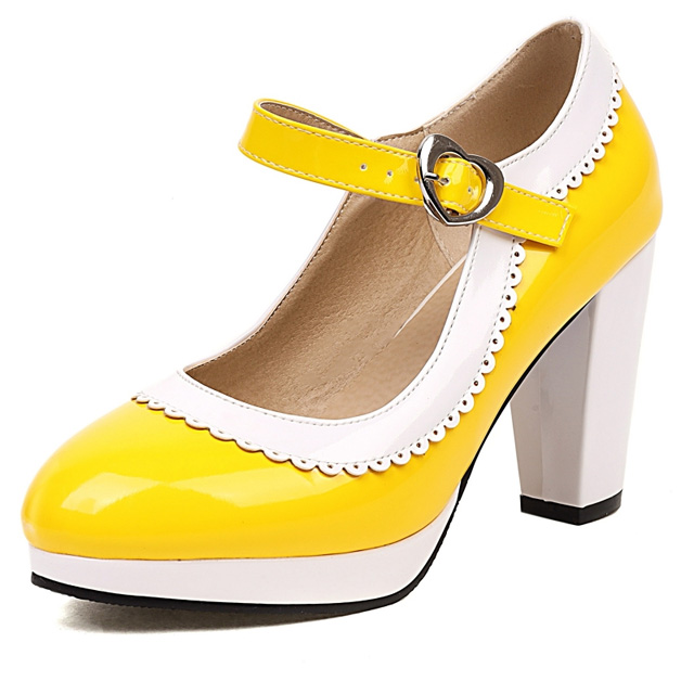 Round Toe Chunky Heels Lolita Vintage Mary Janes Heart Straps Platforms Pumps - Yellow - Shaft Material: Patent Leather
Insole Material: Faux Leather
Lining Material: Synthetic
Outsole Material: Rubber in Sexy Heels & Platforms