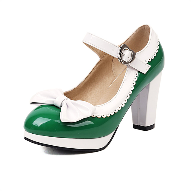 Round Toe Cute Bow-tied Chunky Heels Lolita Vintage Mary Janes Heart Straps Platforms Pumps - Green - Shaft Material: Patent Leather
Insole Material: Faux Leather
Lining Material: Synthetic
Outsole Material: Rubber in Sexy Heels & Platforms