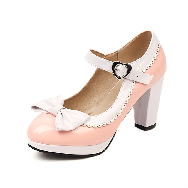 Round Toe Cute Bow-tied Chunky Heels Lolita Vintage Mary Janes Heart Straps Platforms Pumps - Pink - Shaft Material: Patent Leather
Insole Material: Faux Leather
Lining Material: Synthetic
Outsole Material: Rubber in Sexy Heels & Platforms