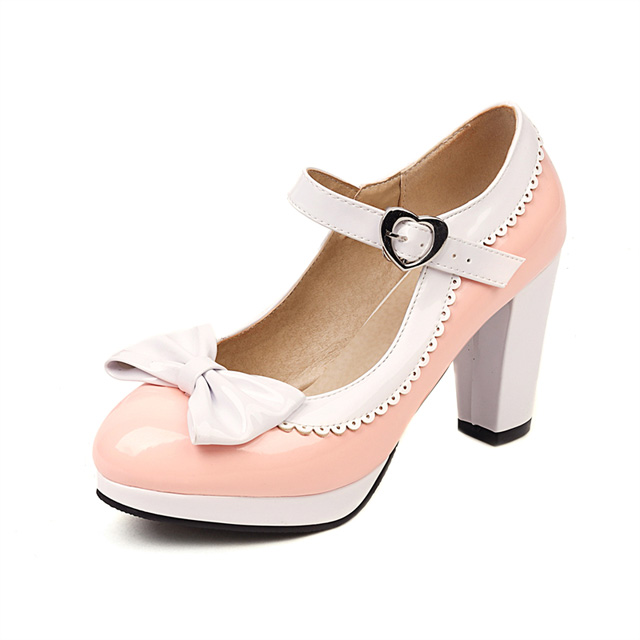 Round Toe Cute Bow-tied Chunky Heels Lolita Vintage Mary Janes Heart Straps Platforms Pumps - Pink - Shaft Material: Patent Leather
Insole Material: Faux Leather
Lining Material: Synthetic
Outsole Material: Rubber in Sexy Heels & Platforms