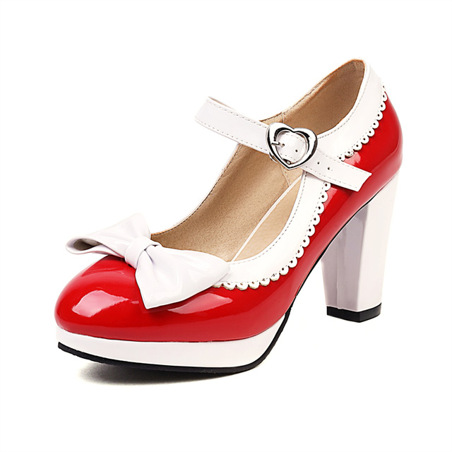 Round Toe Cute Bow-tied Chunky Heels Lolita Vintage Mary Janes Heart Straps Platforms Pumps - Red - Shaft Material: Patent Leather
Insole Material: Faux Leather
Lining Material: Synthetic
Outsole Material: Rubber in Sexy Heels & Platforms