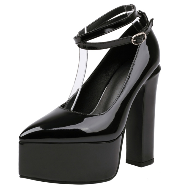 Pointed Toe Chunky Heels Platforms Ankle Buckle Gladiator Straps Pumps - Black - Shaft Material: Patent
Insole Material: Faux Leather
Lining Material: Synthetic
Outsole Material: Rubber in Sexy Heels & Platforms