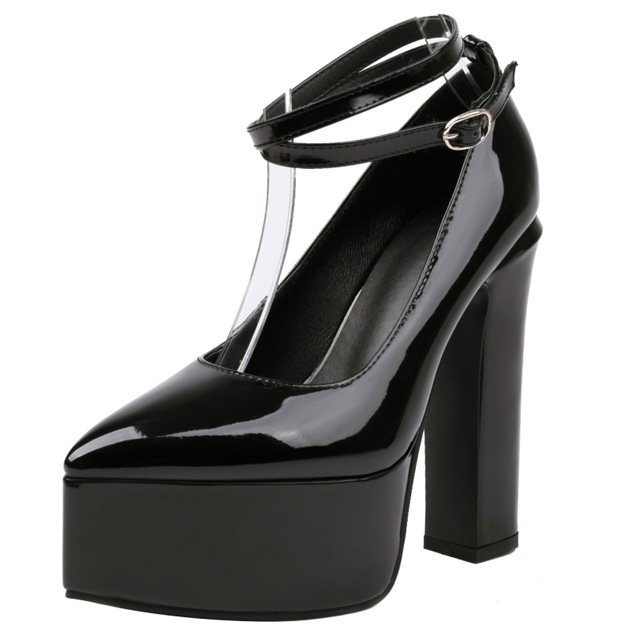 Pointed Toe Chunky Heels Platforms Ankle Buckle Gladiator Straps Pumps - Black - Shaft Material: Patent
Insole Material: Faux Leather
Lining Material: Synthetic
Outsole Material: Rubber in Sexy Heels & Platforms