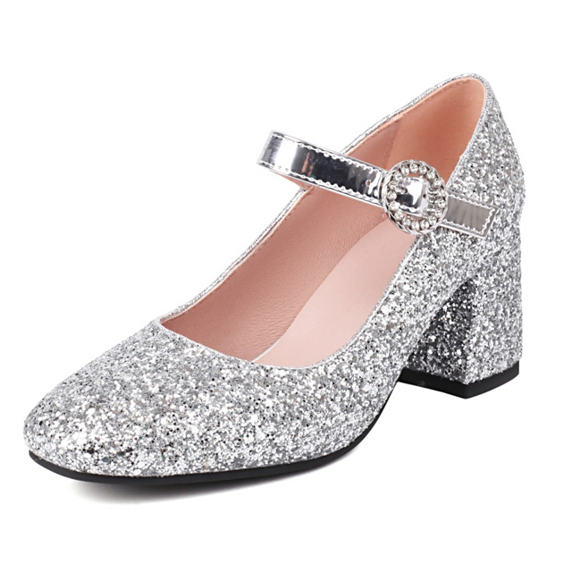 Round Toe Sequid Glitters Decorated Mary Janes Rhinestones Buckles Pumps - Silver - Shaft Material: Sequined Cloth
Insole Material: Faux Leather
Lining Material: Synthetic
Outsole Material: Rubber in Sexy Heels & Platforms