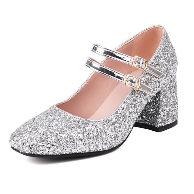 Round Toe Sequid Glitters Decorated Mary Janes Rhinestones Double Buckles Pumps - Silver - Shaft Material: Sequined Cloth
Insole Material: Faux Leather
Lining Material: Synthetic
Outsole Material: Rubber in Sexy Heels & Platforms