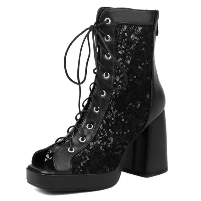 Lib Peep Toe Platforms Chunky Heels Lace Up Mesh Summer Booties