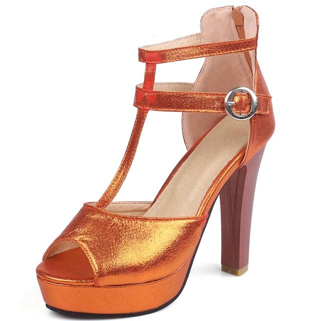 Peep Toe Chunky Heels Ankle Buckle Tstraps Platforms Gladiator Pumps - Orange - Shaft Material: Patent
Insole Material: Faux Leather
Lining Material: Synthetic
Outsole Material: Rubber in Sexy Heels & Platforms