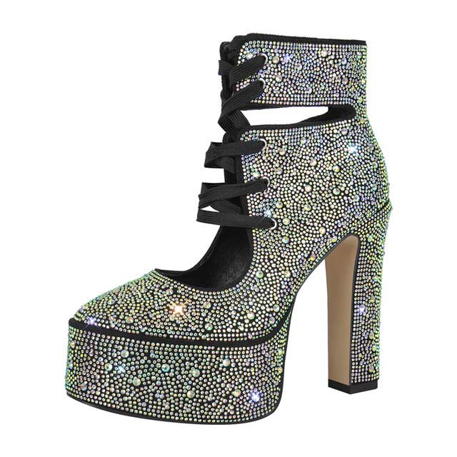 Round Toe Chunky Heels Lace Up Rhinestones Bling Platforms Party Booties - Silver - Upper Material: Faux Leather, Bling Rhinestones
Insole Material: Faux Leather
Lining Material: Synthenic
Outsole Material: Rubber in Sexy Boots