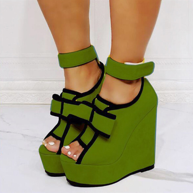 Peep Toe Ankle Buckle Straps Ribbon Platforms Wedges - Green - Shaft Material: Flock
Insole Material: Faux Leather
Lining Material: Synthetic
Outsole Material: Rubber

US: 3 (8.46 inch) - EU: 33 ( 21.5 cm)
US: 4 (8.66 inch) - EU: 34 ( 22 cm)
US: 5 (8.86 inch) - EU: 35 ( 22.5 cm)
US: 6 (9.05 inch) - EU: 36 ( 23 cm)
US: 7 (9.25 inch) - EU: 37 ( 23.5 cm)
US: 8 (9.44 inch) - EU: 38 ( 24 cm)
US: 8.5 (9.64 inch) - EU: 39 ( 24.5 cm)
US: 9 (9.85 inch) - EU: 40 ( 25 cm)
US: 9.5 (10.03 inch) - EU: 41 ( 25.5 cm)
US: 10 (10.23 inch) - EU: 42 ( 26 cm)
US: 10.5 (10.43 inch) - EU: 43 ( 26.5 cm)
US: 11 (10.62 inch) - EU: 44 ( 27 cm)
US: 12 (10.82 inch) - EU: 45 ( 27.5 cm)
US: 13 (11.02 inch) - EU: 46 ( 28 cm)
US: 14 (11.22 inch) - EU: 47 ( 28.5 cm)
US: 15 (11.41 inch) - EU: 48 ( 29 cm)
US: 16 (11.61 inch) - EU: 49 ( 29.5 cm)
US: 17 (11.81 inch) - EU: 50 ( 30 cm)
US: 18 (12 inch) - EU: 51 ( 30.5 cm)
US: 19 (12.20 inch) - EU: 52 ( 31 cm) in Sexy Heels & Platforms