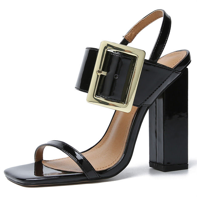 Peep Toe Chunky Heels Ankle Big Buckle Back Straps Platforms Sandals - Black - Shaft Material: Patent
Insole Material: Faux Leather
Lining Material: Synthetic
Outsole Material: Rubber

US: 6 (9.25 inch) - EU: 37 
US: 7 (9.45 inch) - EU: 38 
US: 8 (9.65 inch) - EU: 38.5
US: 8.5 (9.84 inch) - EU: 39
US: 9.5 (10.24 inch) - EU: 40
US: 10 (10.43 inch) - EU: 41
US: 11 (10.62 inch) - EU: 42 
US: 12 (10.83 inch) - EU: 43
US: 13 (11.22 inch) - EU: 44
US: 13.5 (11.42 inch) - EU: 45.5
US: 14 (11.61 inch) - EU: 46.5
US: 15 (12.01 inch) - EU: 47 in Sexy Heels & Platforms