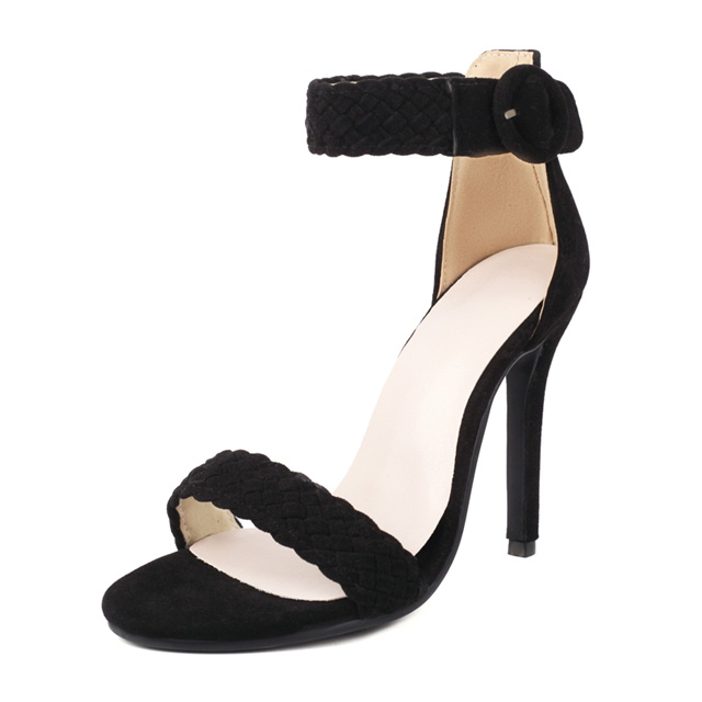 Peep Toe Stiletto Heels Ankle Buckle Straps Half Dorsay Sandals - Black - Shaft Material: Flock
Insole Material: Faux Leather
Lining Material: Synthetic
Outsole Material: Rubber

US: 4 (8.66 inch) - EU: 34
US: 4.5 (8.85 inch) - EU: 35
US: 5.5 (9.05 inch) - EU: 36
US: 6 (9.25 inch) - EU: 37 
US: 7 (9.45 inch) - EU: 38 
US: 8 (9.65 inch) - EU: 38.5
US: 8.5 (9.84 inch) - EU: 39
US: 9.5 (10.24 inch) - EU: 40
US: 10 (10.43 inch) - EU: 41
US: 11 (10.62 inch) - EU: 42 
US: 12 (10.83 inch) - EU: 43
US: 13 (11.22 inch) - EU: 44
US: 13.5 (11.42 inch) - EU: 45.5
US: 14 (11.61 inch) - EU: 46.5
US: 15 (12.01 inch) - EU: 47 in Sexy Heels & Platforms