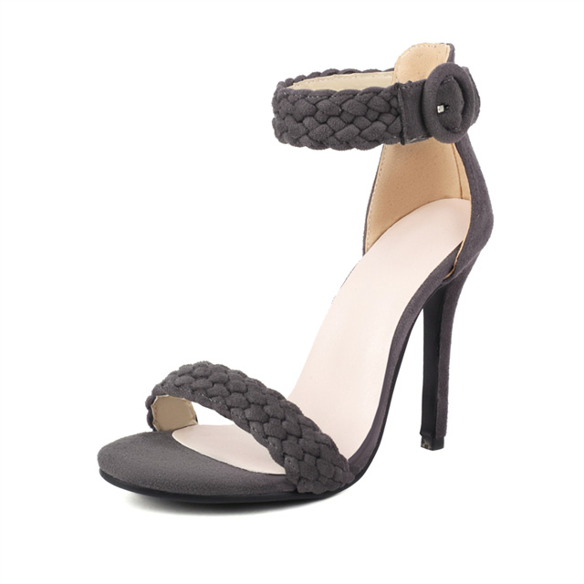 Peep Toe Stiletto Heels Ankle Buckle Straps Half Dorsay Sandals - Gray - Shaft Material: Flock
Insole Material: Faux Leather
Lining Material: Synthetic
Outsole Material: Rubber

US: 4 (8.66 inch) - EU: 34
US: 4.5 (8.85 inch) - EU: 35
US: 5.5 (9.05 inch) - EU: 36
US: 6 (9.25 inch) - EU: 37 
US: 7 (9.45 inch) - EU: 38 
US: 8 (9.65 inch) - EU: 38.5
US: 8.5 (9.84 inch) - EU: 39
US: 9.5 (10.24 inch) - EU: 40
US: 10 (10.43 inch) - EU: 41
US: 11 (10.62 inch) - EU: 42 
US: 12 (10.83 inch) - EU: 43
US: 13 (11.22 inch) - EU: 44
US: 13.5 (11.42 inch) - EU: 45.5
US: 14 (11.61 inch) - EU: 46.5
US: 15 (12.01 inch) - EU: 47 in Sexy Heels & Platforms
