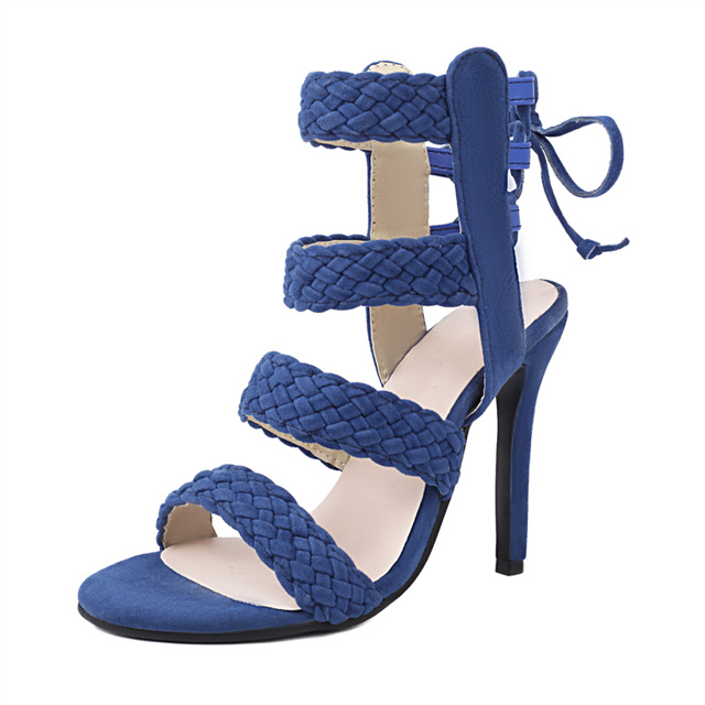 Peep Toe Stiletto Heels Ankle Back Lace Up Gladiator Sandals - Blue - Shaft Material: Flock
Insole Material: Faux Leather
Lining Material: Synthetic
Outsole Material: Rubber

US: 4 (8.66 inch) - EU: 34
US: 4.5 (8.85 inch) - EU: 35
US: 5.5 (9.05 inch) - EU: 36
US: 6 (9.25 inch) - EU: 37 
US: 7 (9.45 inch) - EU: 38 
US: 8 (9.65 inch) - EU: 38.5
US: 8.5 (9.84 inch) - EU: 39
US: 9.5 (10.24 inch) - EU: 40
US: 10 (10.43 inch) - EU: 41
US: 11 (10.62 inch) - EU: 42 
US: 12 (10.83 inch) - EU: 43
US: 13 (11.22 inch) - EU: 44
US: 13.5 (11.42 inch) - EU: 45.5
US: 14 (11.61 inch) - EU: 46.5
US: 15 (12.01 inch) - EU: 47 in Sexy Heels & Platforms